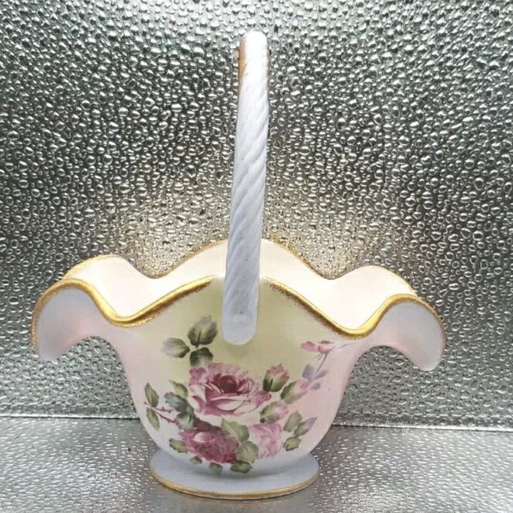 Vintage Pink Rose Porcelain Dish Basket Godinger & Co. 7X6" Elegant Gold Trim